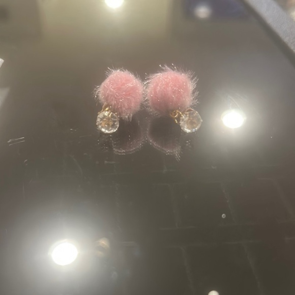 Pink Fuzzy Earrings with Crystal Drop